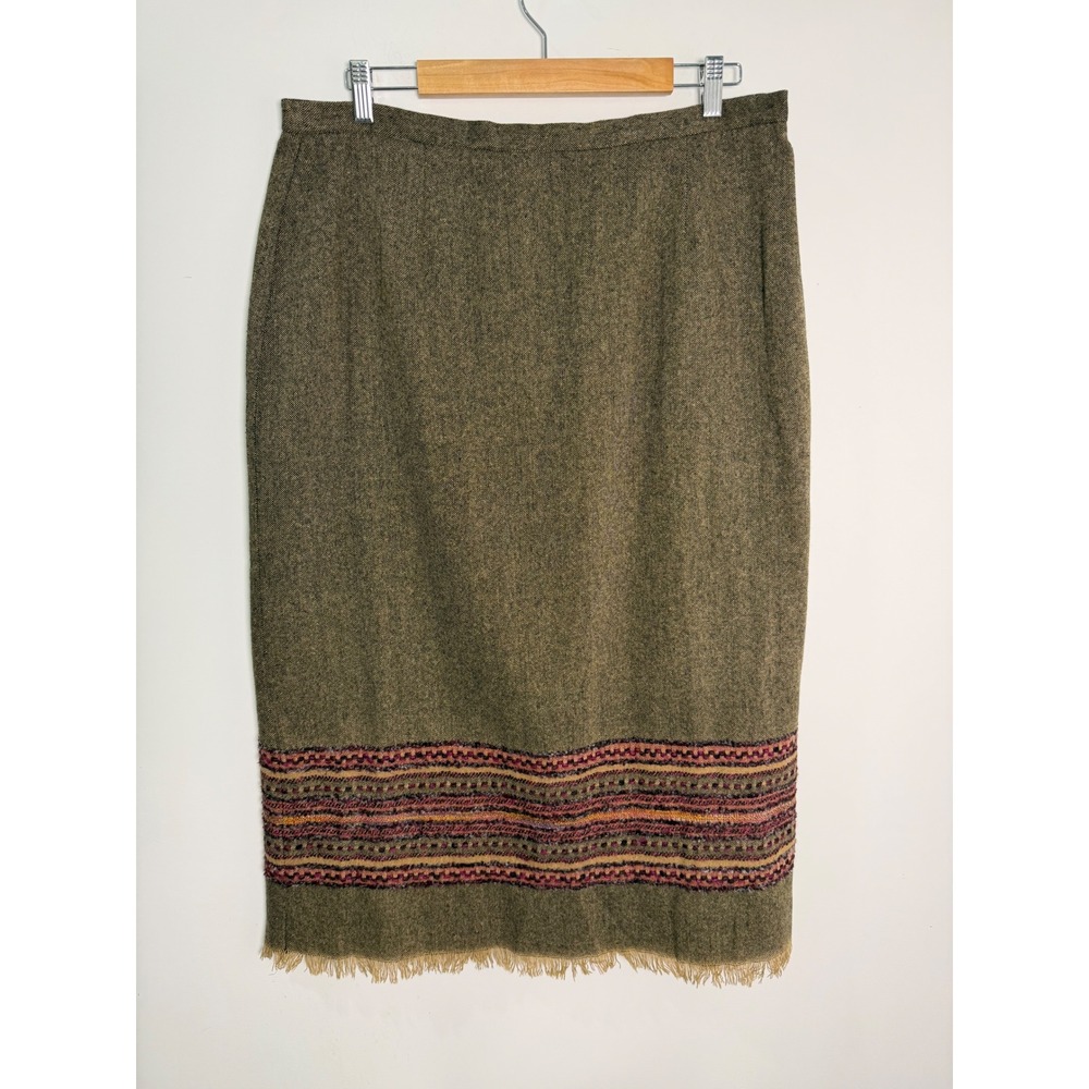 Sag Harbor Womens 18 Tweed Wool Blend Midi Skirt Olive Green Fringed Hem Boho